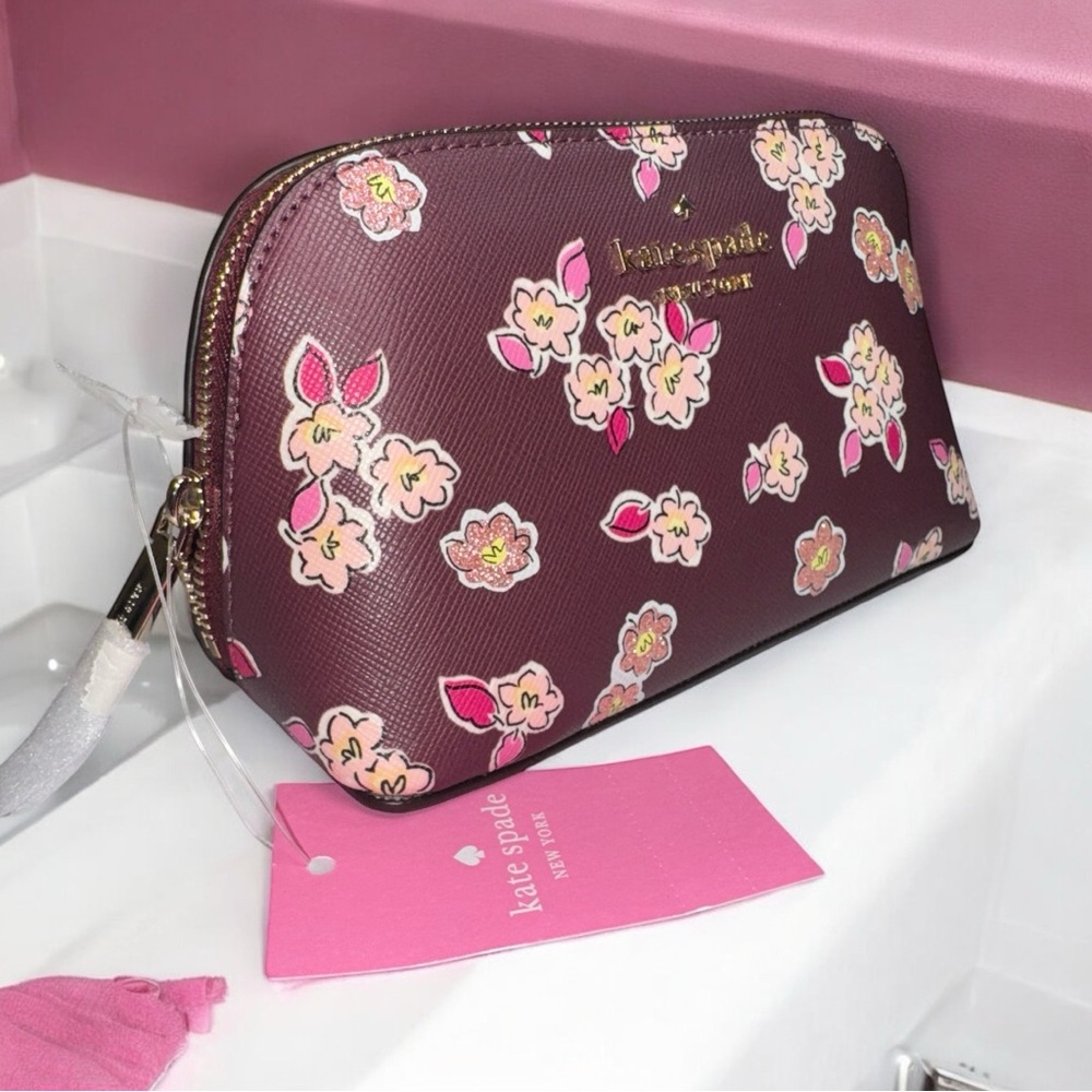 Kate Spade Small Cosmetic Case – Frosted Floral Deep Berry Tinsel NWT